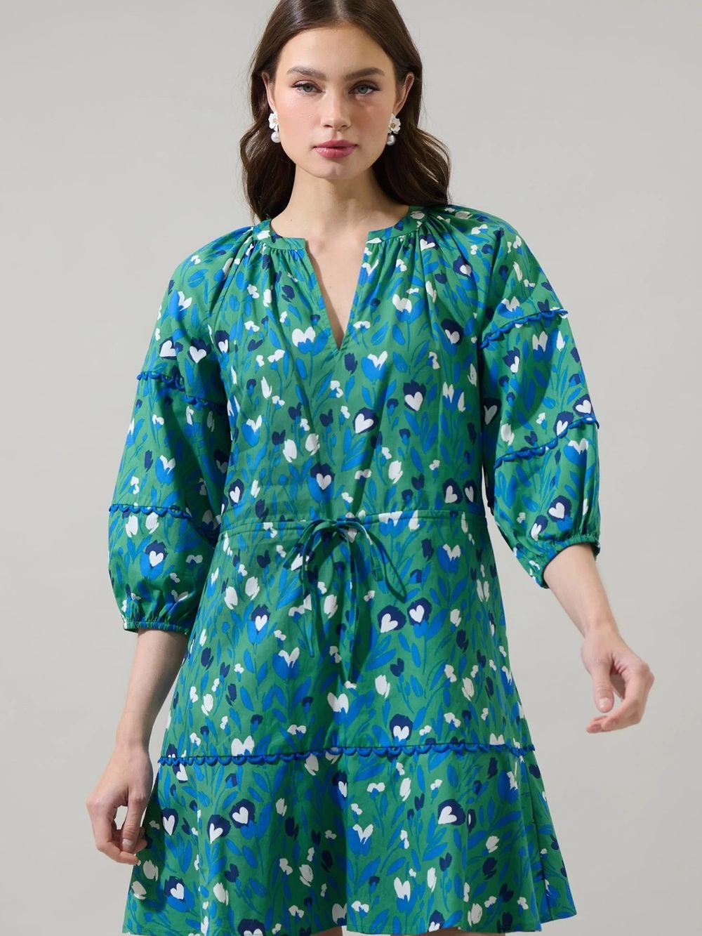 Sugarlips Green Blue Floral Tie-Waist Mini Dress